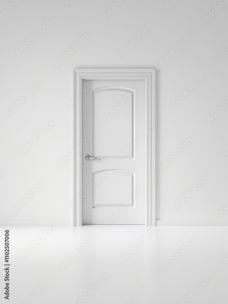 Single wooden white door placed in front of a blank wall, home exterior, solid wood Single wooden white door placed in front of a blank wall, home exterior, solid wood