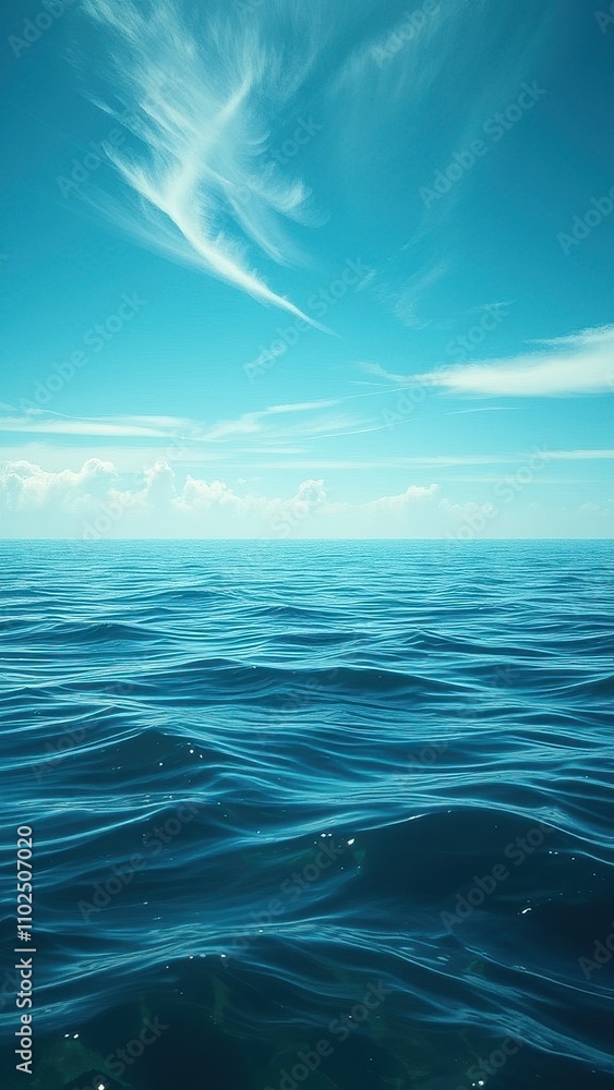 Ocean blue-green waters with a few wispy clouds in the distance reflecting on the surface , nature, outdoor Ocean blue-green waters with a few wispy clouds in the distance reflecting on the surface , nature, outdoor