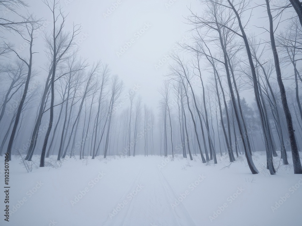 Obraz premium Snowy forest floor with bare trees and a misty sky above, cold climate, bare trees, serene scenery, snowy forest floor, misty sky