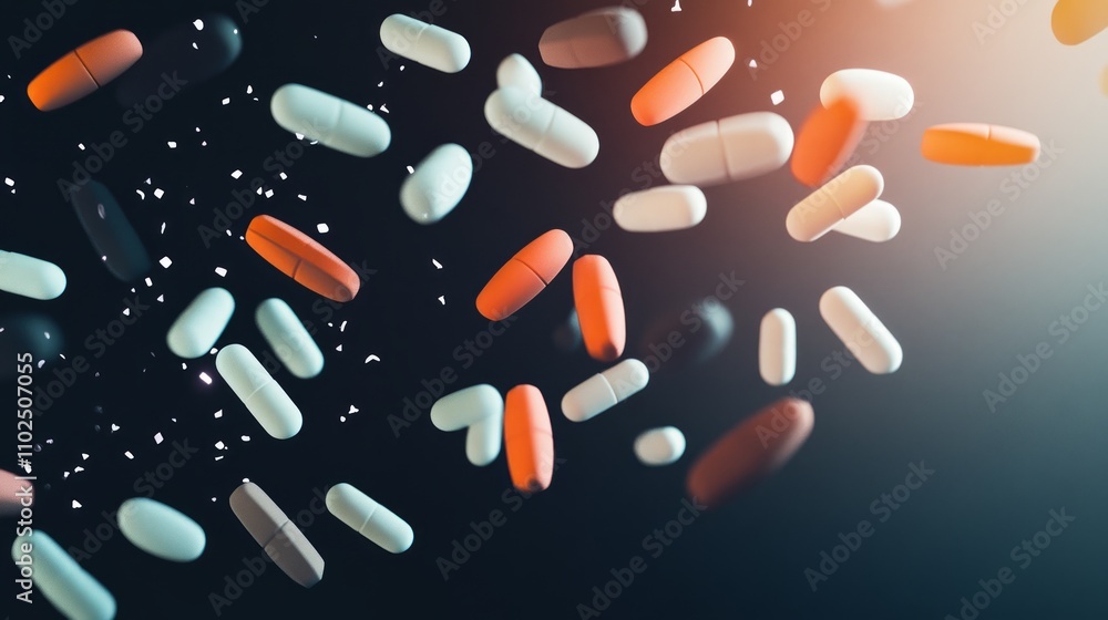 Colorful capsules and pills falling on a dark background. Colorful capsules and pills falling on a dark background.