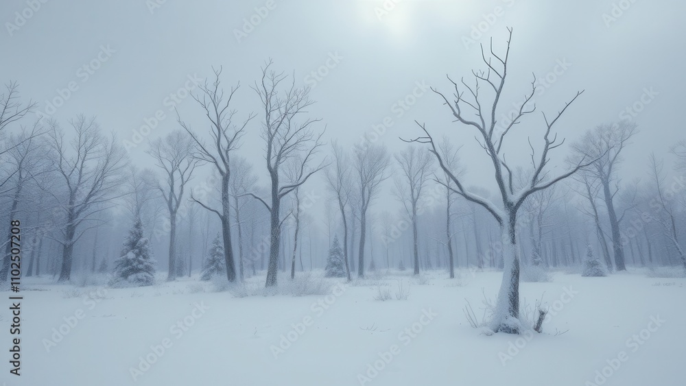 Snow-covered trees with bare branches in a frozen forest , winter foliage, snowy canopy, frozen environment, bare trees