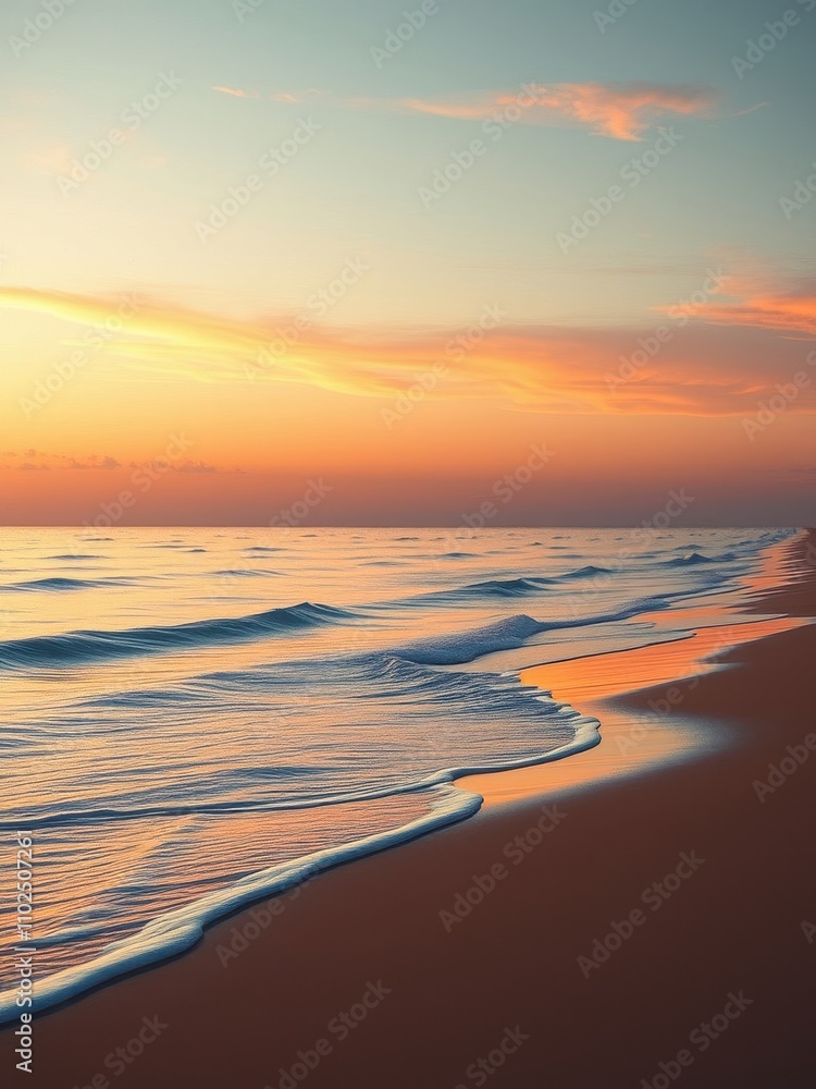Fototapeta premium Softly glowing sand beneath serene ocean waves gently lapping at the shoreline, ocean serenity, peaceful shore, serene ocean, coastal scenery, soothing atmosphere.
