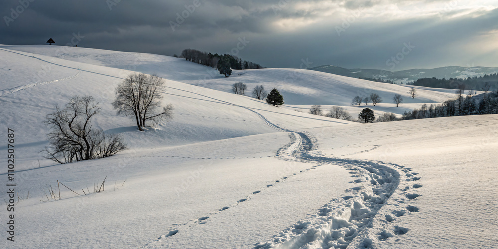 snow-covered hills with winding animal tracks leading into the distance snow-covered hills with winding animal tracks leading into the distance