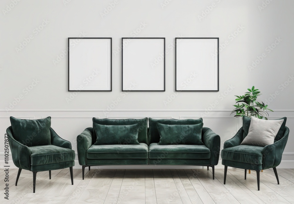 A minimalist living room interior design with a green velvet sofa and two armchairs. a coffee table. and two plants in pots Three empty frames hang on the wall. providing space for artwork or a galler A minimalist living room interior design with a green velvet sofa and two armchairs. a coffee table. and two plants in pots Three empty frames hang on the wall. providing space for artwork or a galler