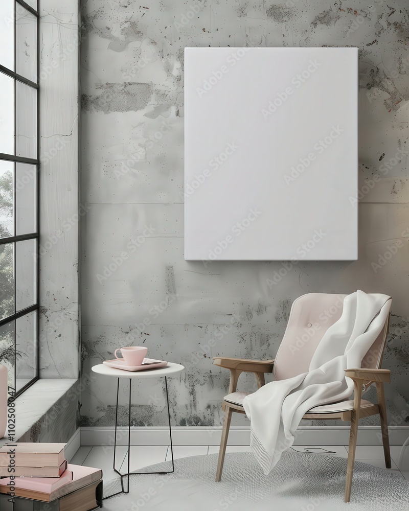 A cozy corner with a white armchair. pink pillows. a throw blanket. a side table. and a blank canvas on a concrete wall A cozy corner with a white armchair. pink pillows. a throw blanket. a side table. and a blank canvas on a concrete wall