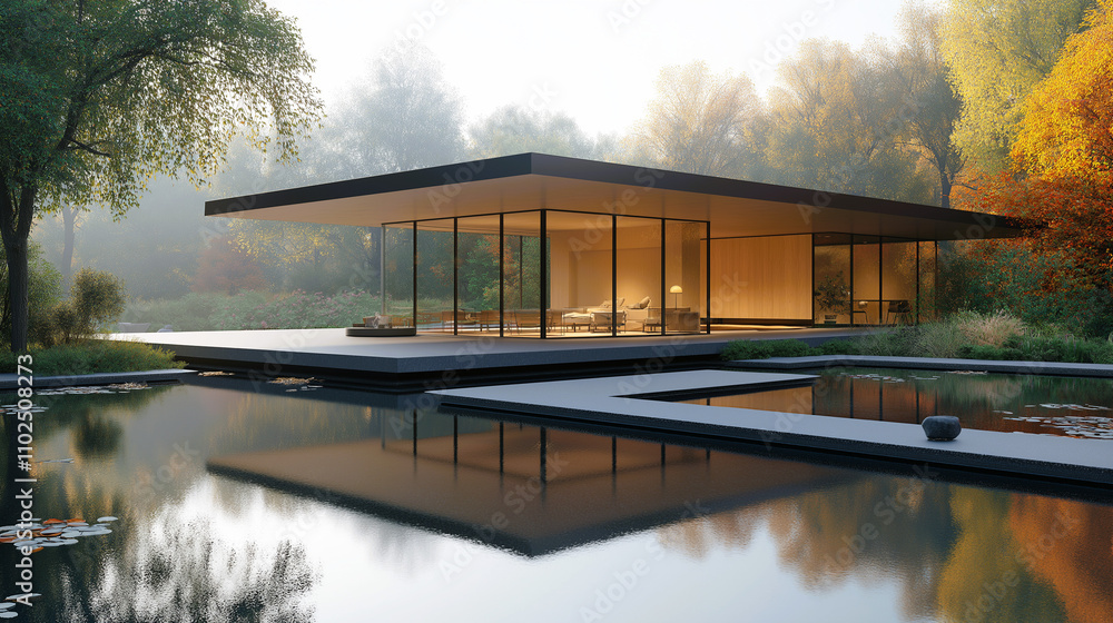 Glass-fronted pavilion, perfectly integrated into the pond and natural surroundings. Glass-fronted pavilion, perfectly integrated into the pond and natural surroundings.