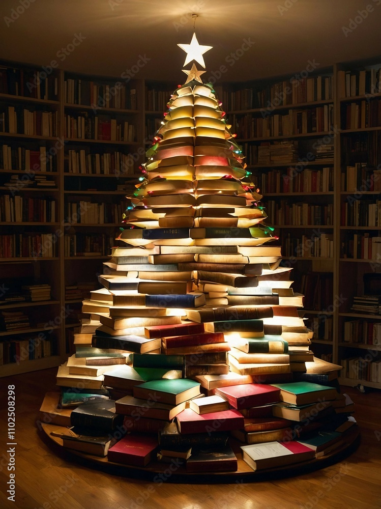 A creative Christmas tree made from stacks of colorful books arranged in a conical shape,300 DPI High Resolution A creative Christmas tree made from stacks of colorful books arranged in a conical shape,300 DPI High Resolution