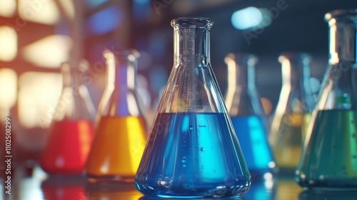 Colorful liquids in erlenmeyer flasks on a reflective surface in a laboratory setting.