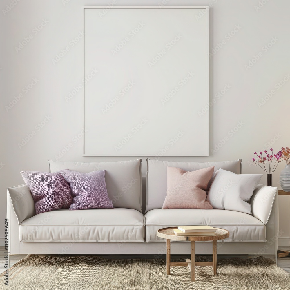 A minimalist living room interior with a white sofa. a large blank frame. and a wooden side table with a blanket and decorative elements A minimalist living room interior with a white sofa. a large blank frame. and a wooden side table with a blanket and decorative elements