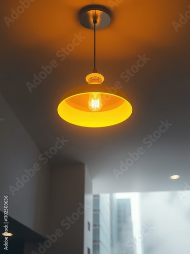 A glowing yellow light fixture in a modern setting creates an urban ambiance, sophisticated style, ambient atmosphere, luminescent light