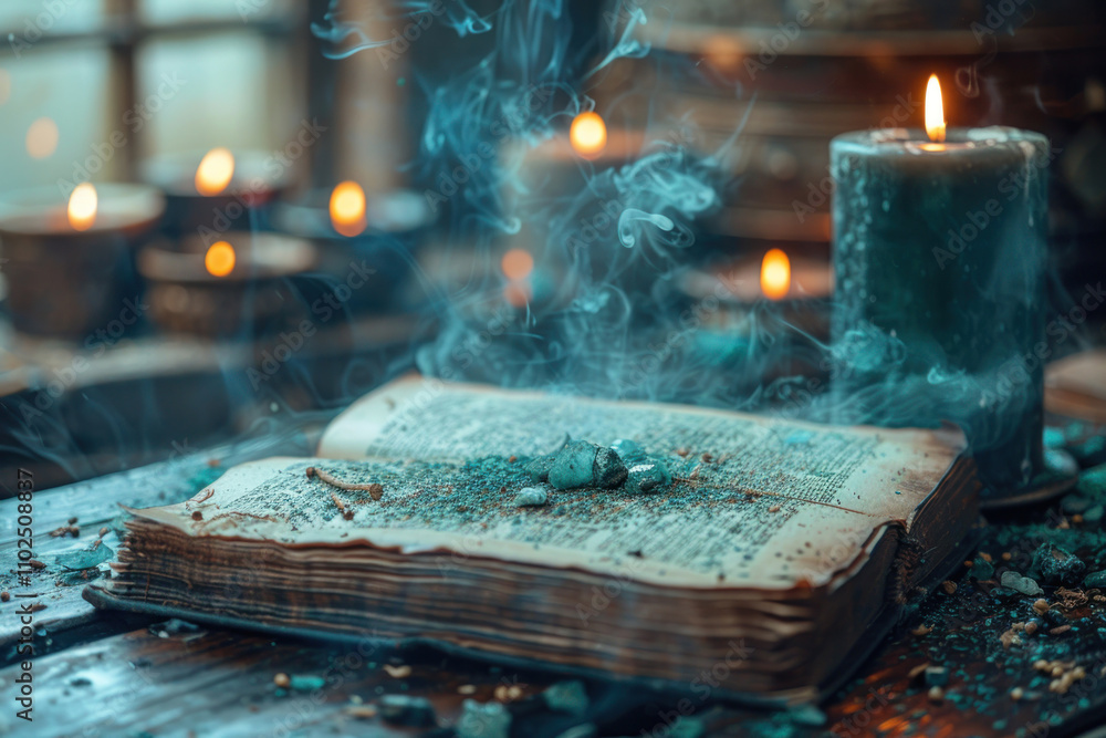 Obraz premium an old book lying on a wooden table, surrounded by candles and clouds of smoke. The pages of the book are worn by time, crystals and magic dust lie on them, adding mystery to the scene. 