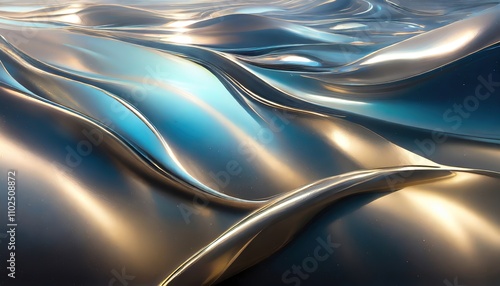 Metallic waves with blue and gold reflections creating an abstract, smooth surface effect photo