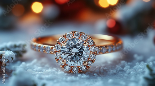 Stunning diamond engagement ring set against a winter backdrop with snow and festive lights. Generative AI