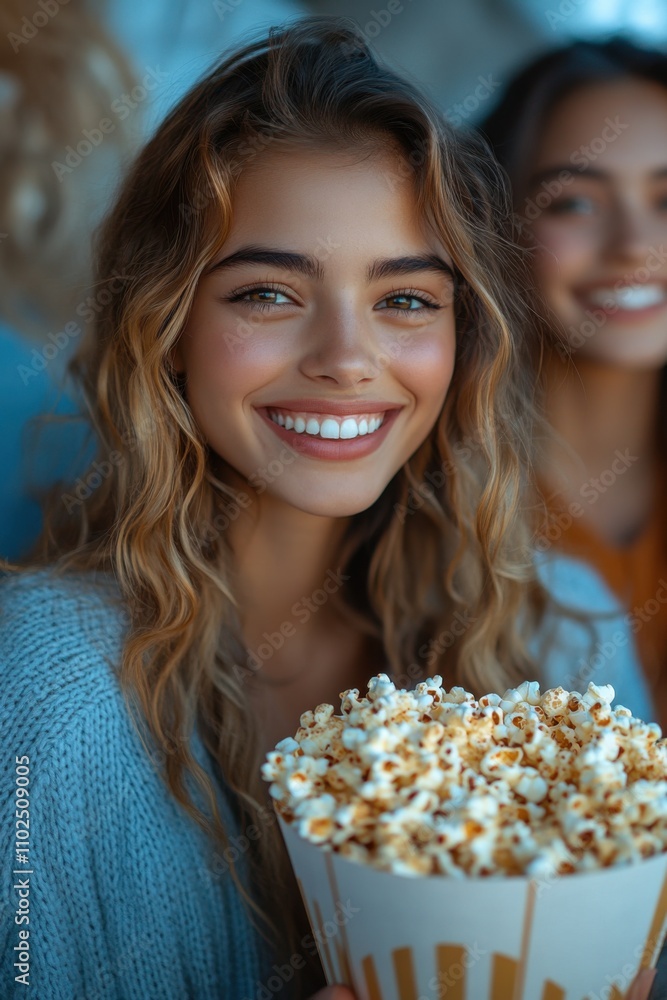 Smiling woman holding a bowl of popcorn with a smile on her face Smiling woman holding a bowl of popcorn with a smile on her face