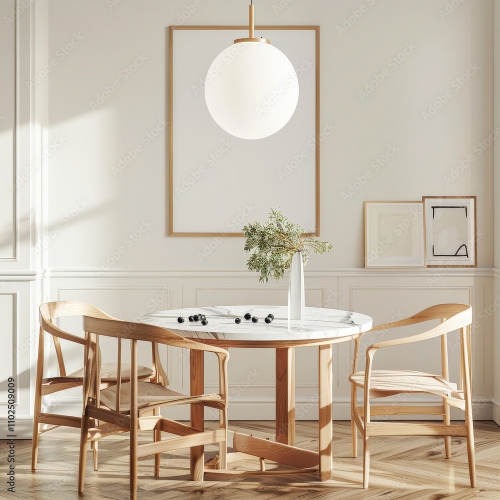 A modern dining room with a round white marble table and four wooden chairs with white cushions The table is set with a vase of flowers and a plate of plums The walls are tiled with white marble and t A modern dining room with a round white marble table and four wooden chairs with white cushions The table is set with a vase of flowers and a plate of plums The walls are tiled with white marble and t