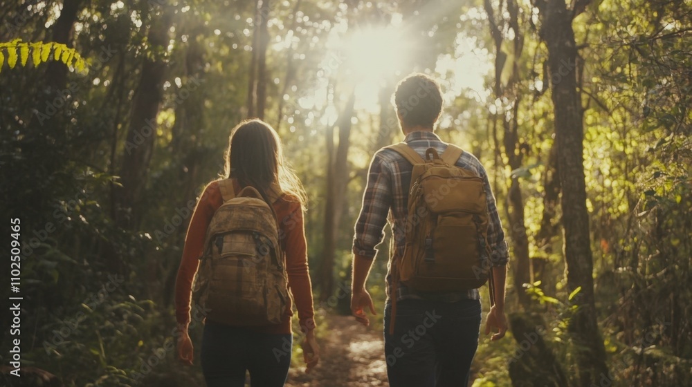 Fototapeta premium Couple walking in a forest with backpacks, sunlight filtering through trees, natural surroundings, calm and peaceful outdoor setting