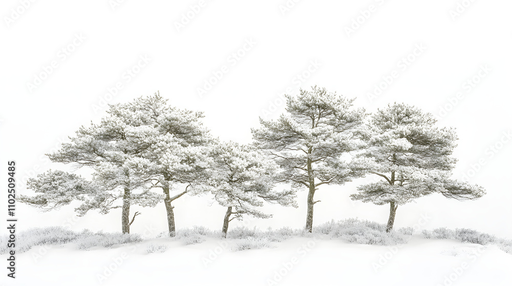 Tranquil White Pines Under a Gentle Blanket of Winter Snow Against a Whitened Sky Tranquil White Pines Under a Gentle Blanket of Winter Snow Against a Whitened Sky