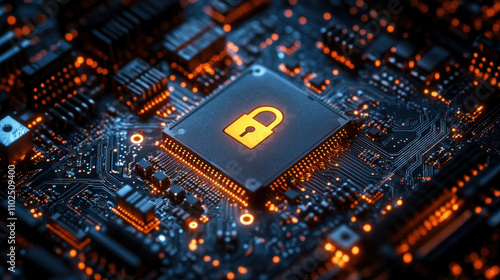 Microchip with illuminated padlock demonstrating cybersecurity and data protection on a circuit board