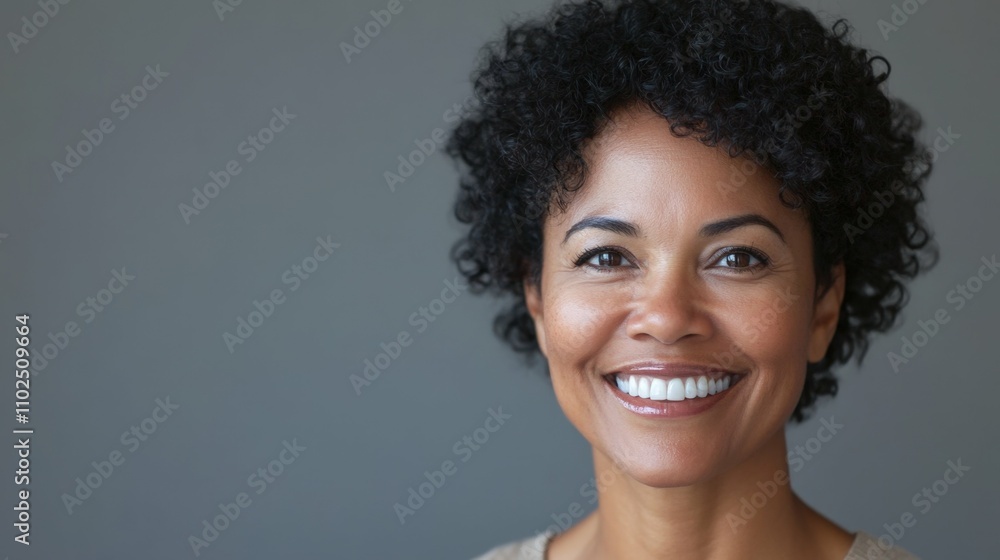 African American woman with short curly hair smiling, studio lighting, neutral background, positive energy, close-up portrait African American woman with short curly hair smiling, studio lighting, neutral background, positive energy, close-up portrait