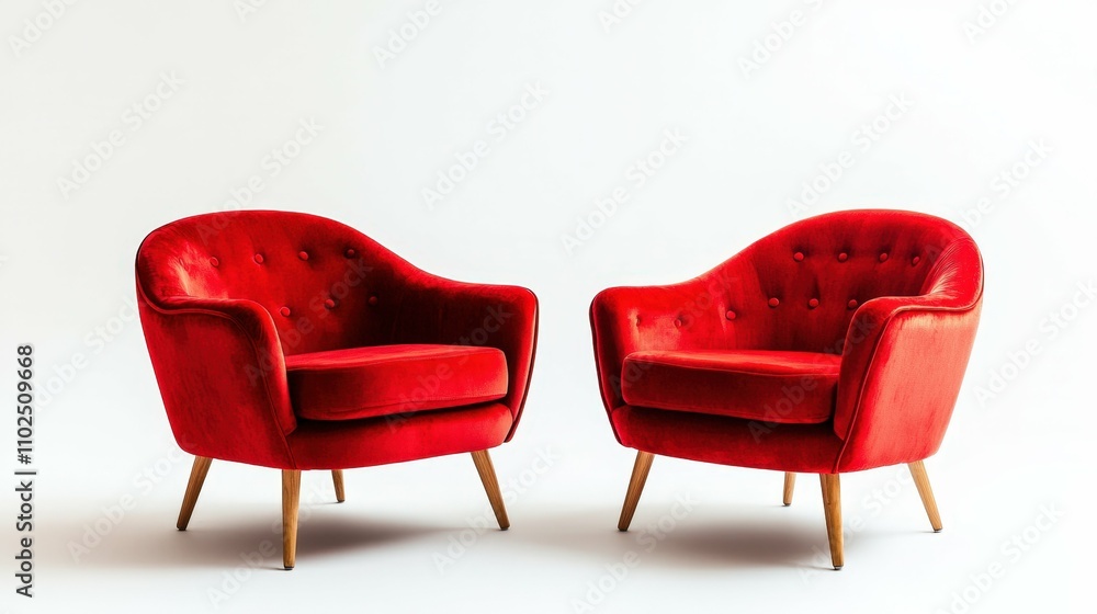 Red velvet armchairs with wooden legs isolated on white background, cozy interior design element Red velvet armchairs with wooden legs isolated on white background, cozy interior design element