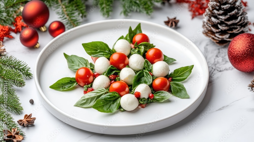 Close-up view of intricate caprese salad shaped like a Christmas tree, featuring vibrant cherry tomatoes and mozzarella with fresh basil Close-up view of intricate caprese salad shaped like a Christmas tree, featuring vibrant cherry tomatoes and mozzarella with fresh basil