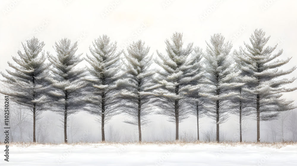 Fototapeta premium Tranquil White Pines Under a Gentle Blanket of Winter Snow Against a Whitened Sky