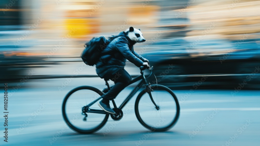 Cyclist in motion, speeding on a city street, motion blur effect, daylight,  Badger sitting and looking sideways, distinct fur patterns, white background, studio lighting,