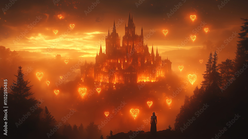 Naklejka premium Majestic dark castle illuminated by glowing hearts at sunset over a serene landscape. Generative AI