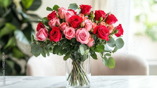 Wallpaper Mural A bouquet of vibrant red and pink roses in a clear glass vase, placed on a clean, white surface with natural light, Torontodigital.ca
