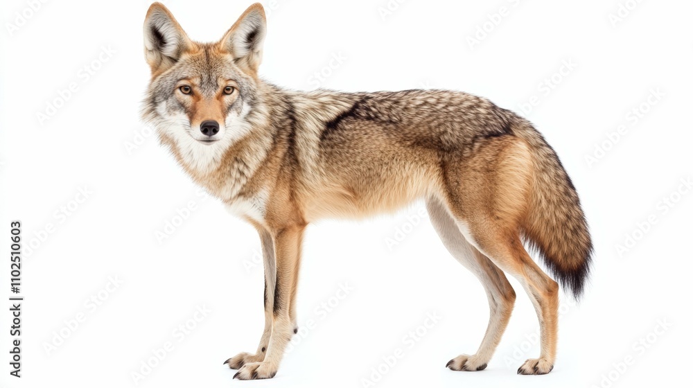 Coyote standing on white background, alert look, brownish fur, studio lighting, Coyote standing on white background, alert look, brownish fur, studio lighting,