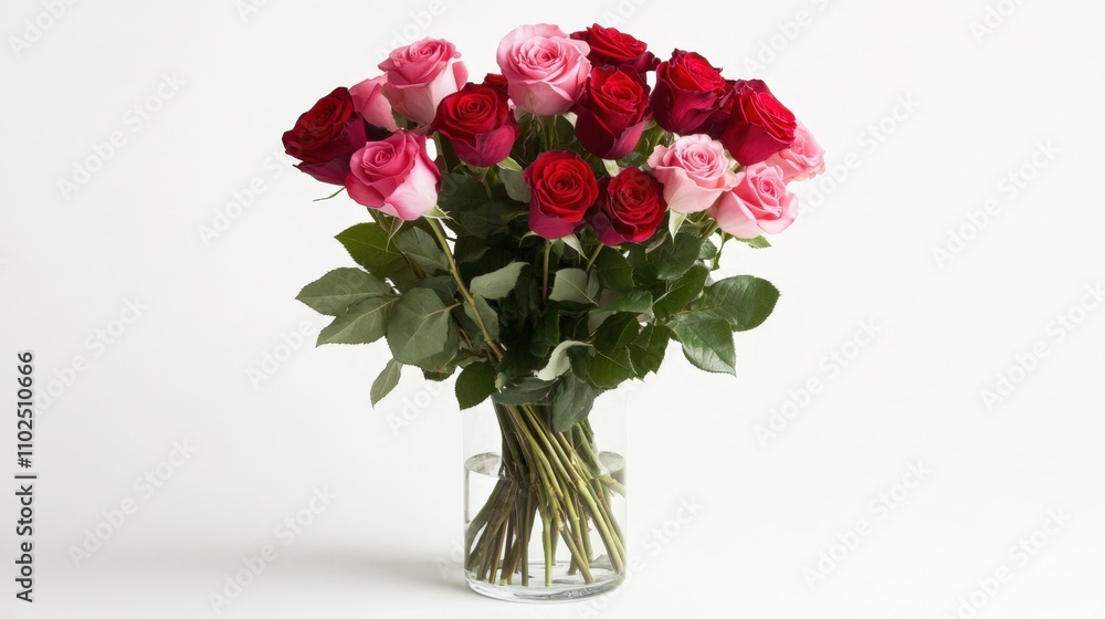 Naklejka premium A bouquet of vibrant red and pink roses in a clear glass vase, placed on a clean, white surface with natural light,