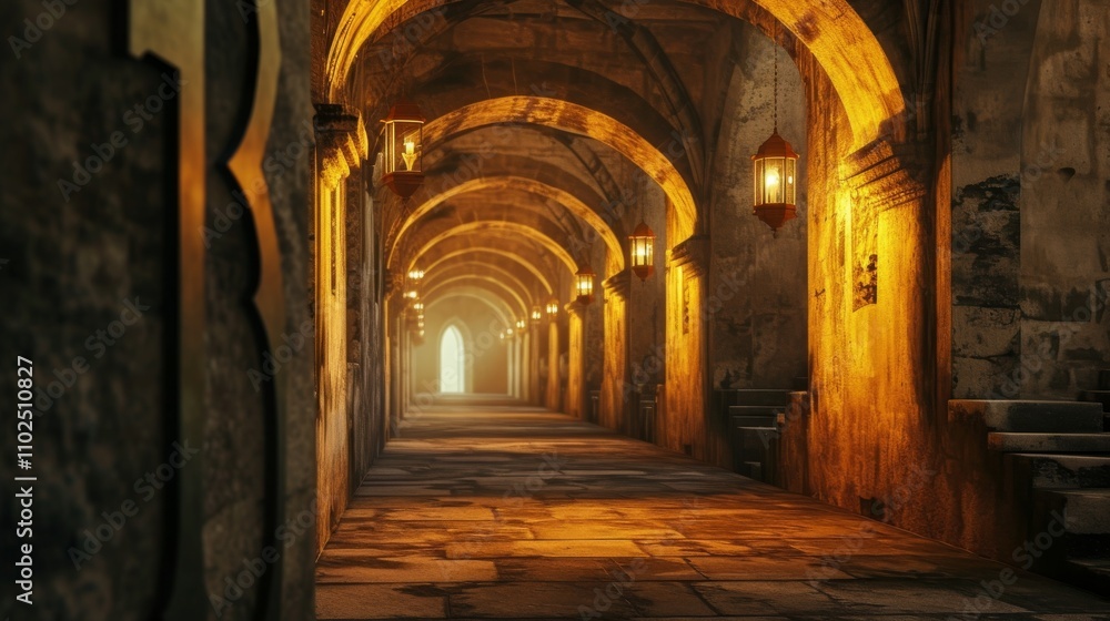 An inviting, warm-toned image of a long stone corridor illuminated by glowing lanterns along the walls, highlighting the intricate arches and textures of the historic setting. AI generated.