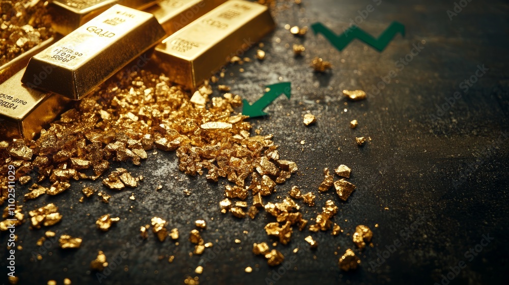 Gold bars and nuggets with upward and downward green arrows indicating price fluctuation. Gold bars and nuggets with upward and downward green arrows indicating price fluctuation.
