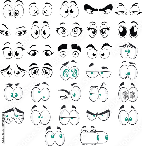 Cartoon faces. Expressive eyes and mouth, smiling, crying and surprised character face expressions. Caricature comic emotions or emoticon doodle. Isolated vector illustration icons bundle. Eye bundle.