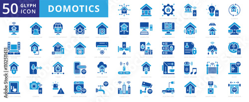 Domotics icon set of smart, house, kitchen, computer, home, tablet, camera, innovation, door, curtain, climate, lock, temperature, lighting, access, sensor, speaker, cctv, washing machine, gate, timer