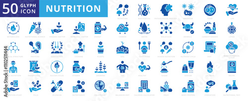 Nutrition icon set of food, fruit, animals, cooking, agriculture, energy, healthy, diet, life, nutrition, study, sugar, plants, vitamin, fat, soil, calories, cholesterol, pills, organism, carbon, test
