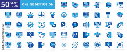 Online discussion icon set of moderator, politic, fashion, music, computer, social media, sport, network, post, text, wireless, technical, connection, information, discussion, video chat, web camera