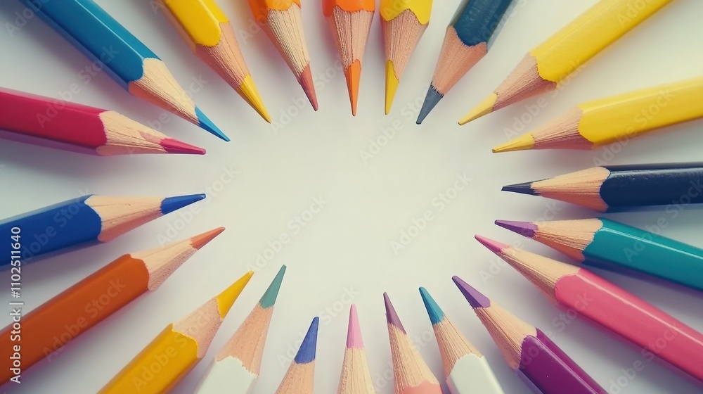 Colorful pencils arranged in a circular pattern on a white background, high detail, vibrant colors, isolated minimalistic design Colorful pencils arranged in a circular pattern on a white background, high detail, vibrant colors, isolated minimalistic design
