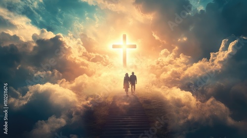Old couple walking up the stairs among clouds in the sky to the shining cross symbolizing heaven or Christian paradise. Life end and time passing concept
