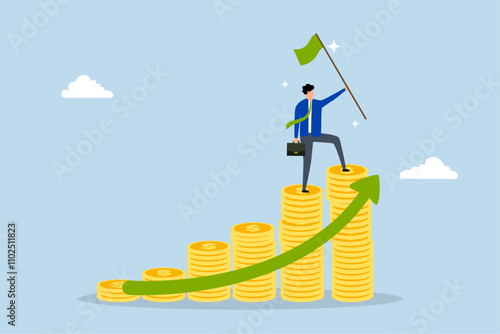 Financial success, Businessman with flag of success standing on pile of money signifies the stock market earning idea. 