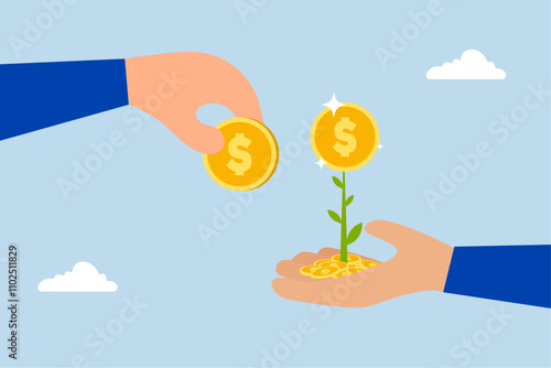 Investment growth, businessman hand placed a coin on a sprouting money plant. 