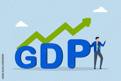 GDP Gross domestic product, Businessman is seen standing next to a GDP sign and a rising graph and chart. 