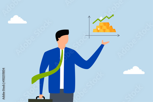 Gold investment, businessman investor with increasing gold bullion on graph and chart. 