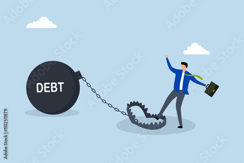 Debt trap overspending causing danger debt, young man step on risky debt trap.