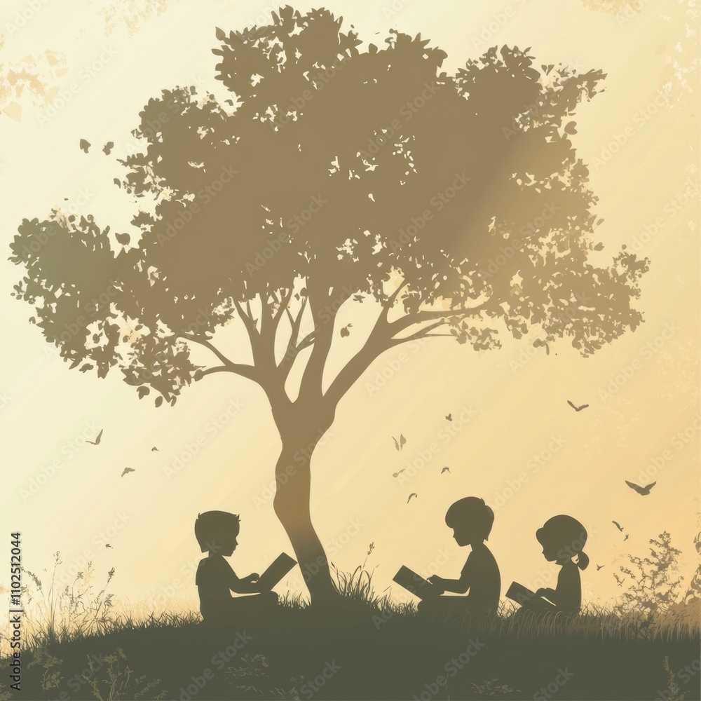 Children Reading Under a Stylized Tree in Outdoor Setting Children Reading Under a Stylized Tree in Outdoor Setting