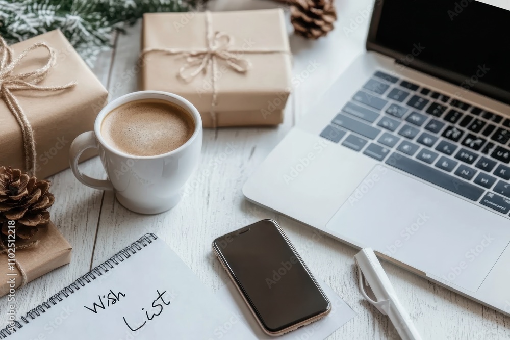 A cozy workspace scene features neatly wrapped gifts, a steaming cup of coffee, and a laptop, evoking feelings of warmth and anticipation during the holiday season. A cozy workspace scene features neatly wrapped gifts, a steaming cup of coffee, and a laptop, evoking feelings of warmth and anticipation during the holiday season.