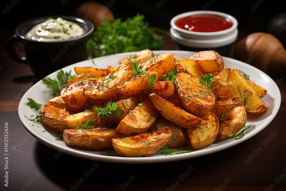 fried potatoes with sauce on a plate, fried potatoes with sauce on a plate,