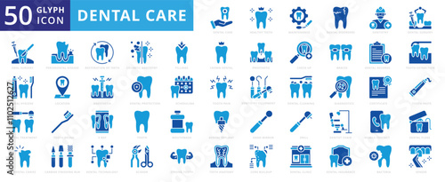 Dental care icon set of teeth, tooth, cleaning, pain, insurance, anesthesia, dental floss, maintenance, technology, certificate, brush, crown, treatment, anatomy, bacteria, clinic, surgery, dentistry
