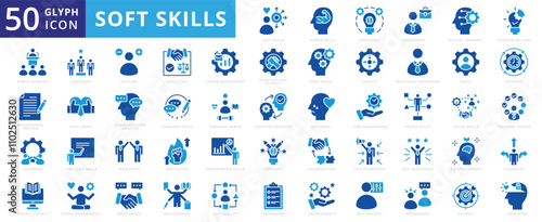Soft skills icon set of presentation, effective, people, teamwork, training, leadership, creativity, emotional, promotion, time management, language, attitude, multitasking, collaboration, confidence