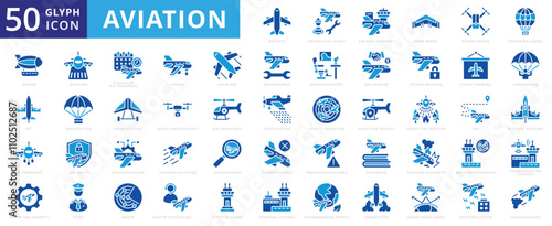 Aviation icon set of communication, accident, operation, education, airplane, industry, safety, military, maintenance, gps, aircraft, helicopter, jet, radar, aerial photography, transport, ambulance